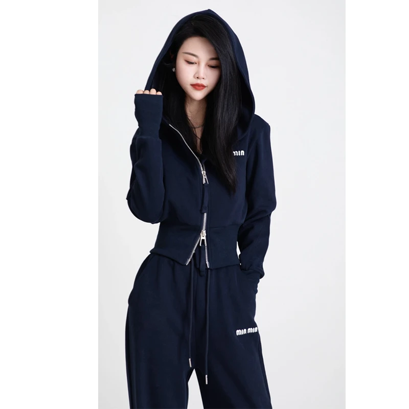 休闲简约风卫衣套装女2024秋季新款修身连帽开衫外套阔腿裤两件套