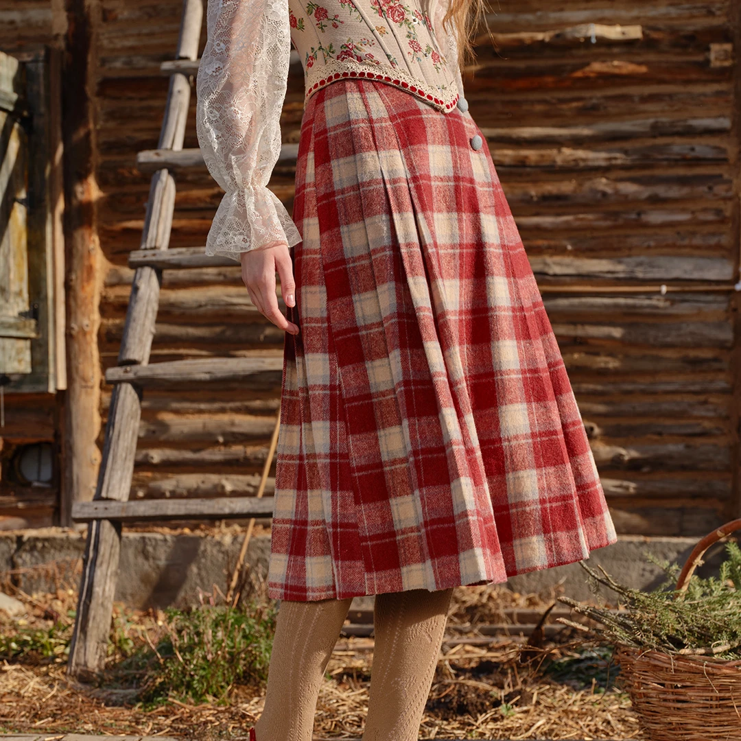 LaceMade 玫瑰圣诞屋 法式复古苏格兰格纹A字百褶毛呢裙长短款