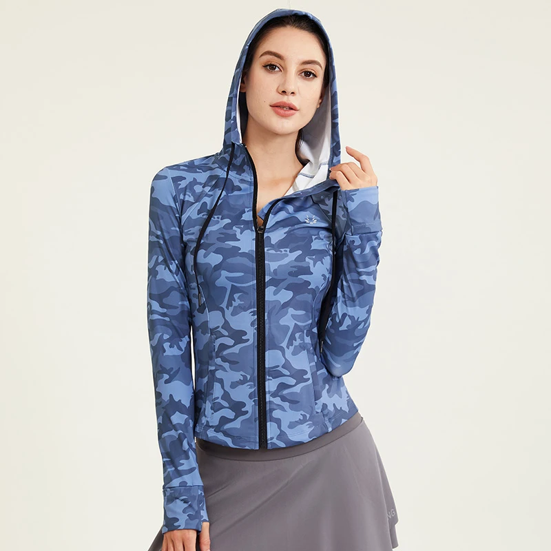 【秋季爆款 速干面料】女子跑步迷彩连帽拉链运动长袖