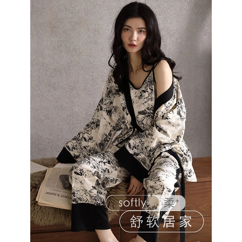 纯棉新款睡衣女春秋三件套长袖长裤宽松睡袍女士家居服套装可外穿