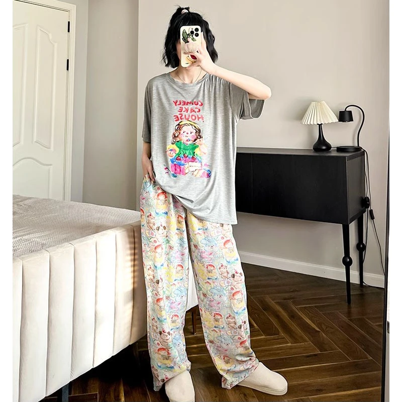 睡衣女款莫代尔套装夏季短袖女士网红大码时尚休闲夏天春夏家居服