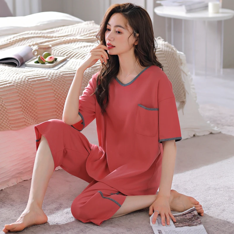 睡衣女夏季莫代尔短袖七分裤套装夏天女士宽松薄款大码套头家居服