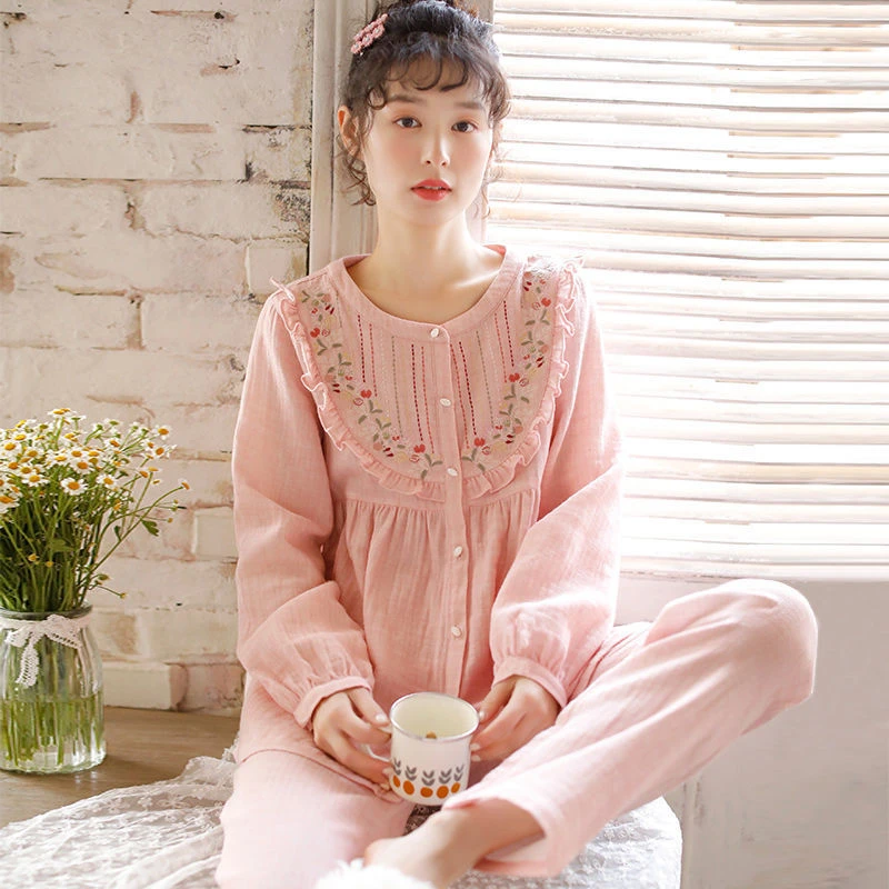 睡衣女春秋季长袖长裤日系纯棉纱布新款韩版甜美薄款家居服可外穿
