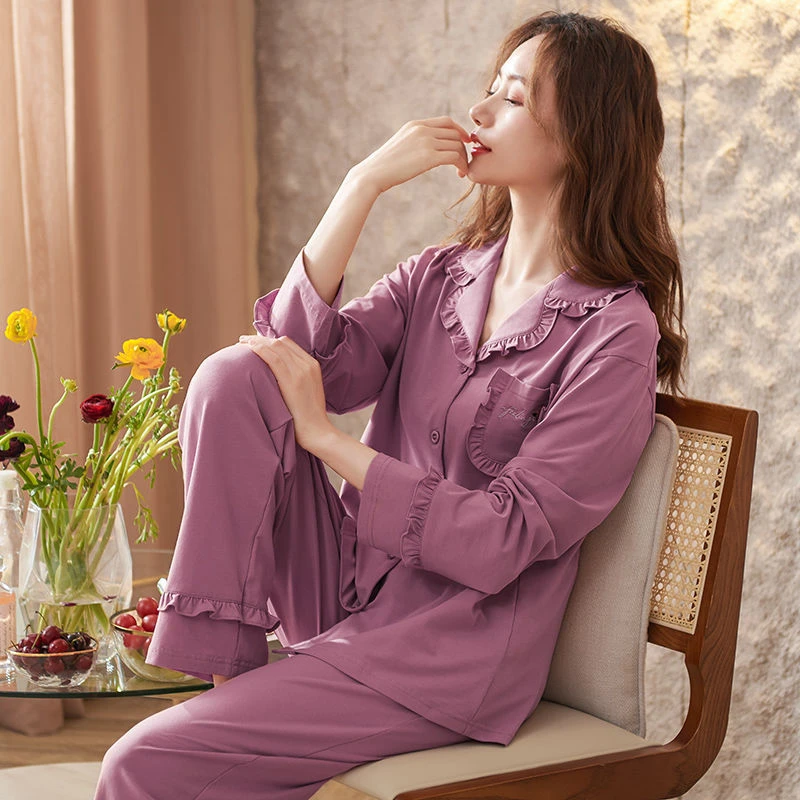 睡衣女春秋长袖长裤纯棉套装新款公主风宿舍秋季宽松荷叶边家居服
