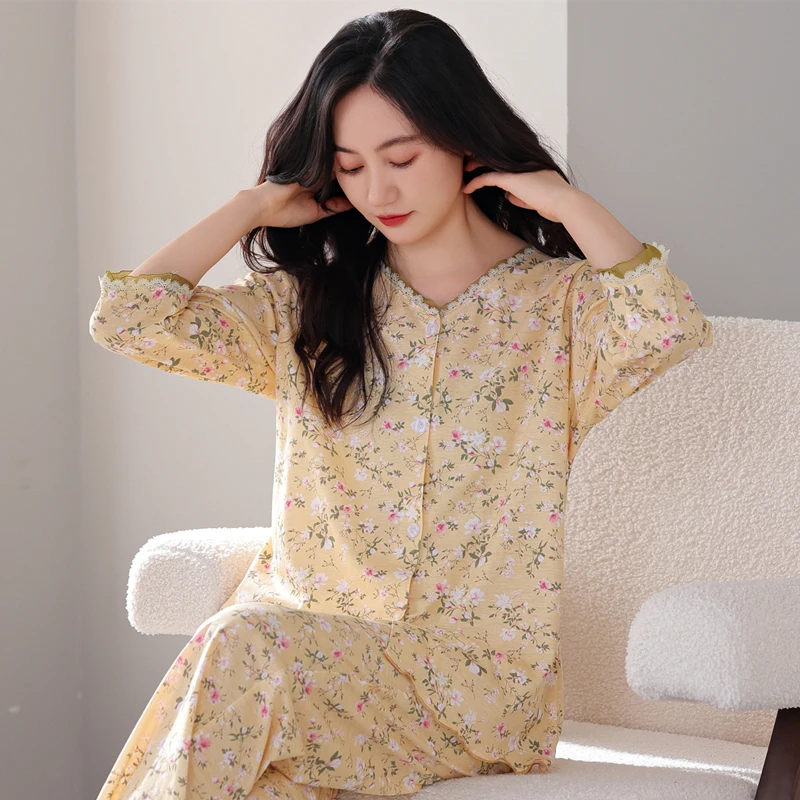 睡衣女夏季春秋季纯棉大码春夏薄款女士夏天七分袖长裤套装家居服