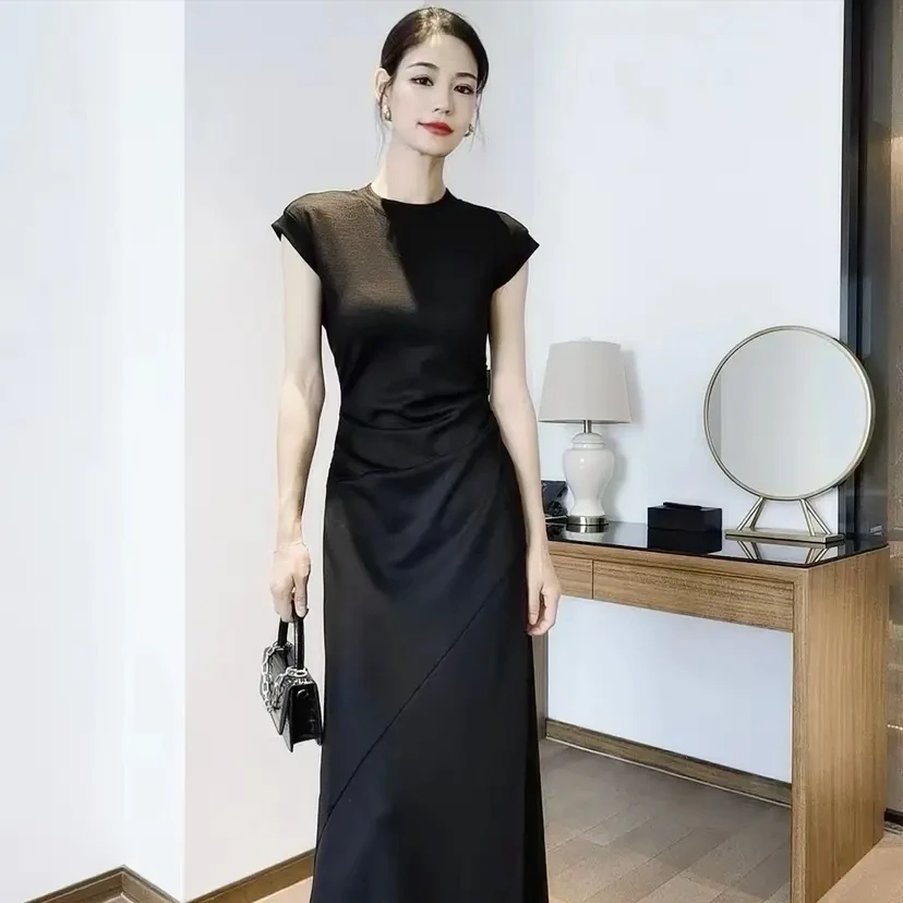 【商场同款】2024夏新款圆领套头黑色无袖女神连衣裙长裙女5500454