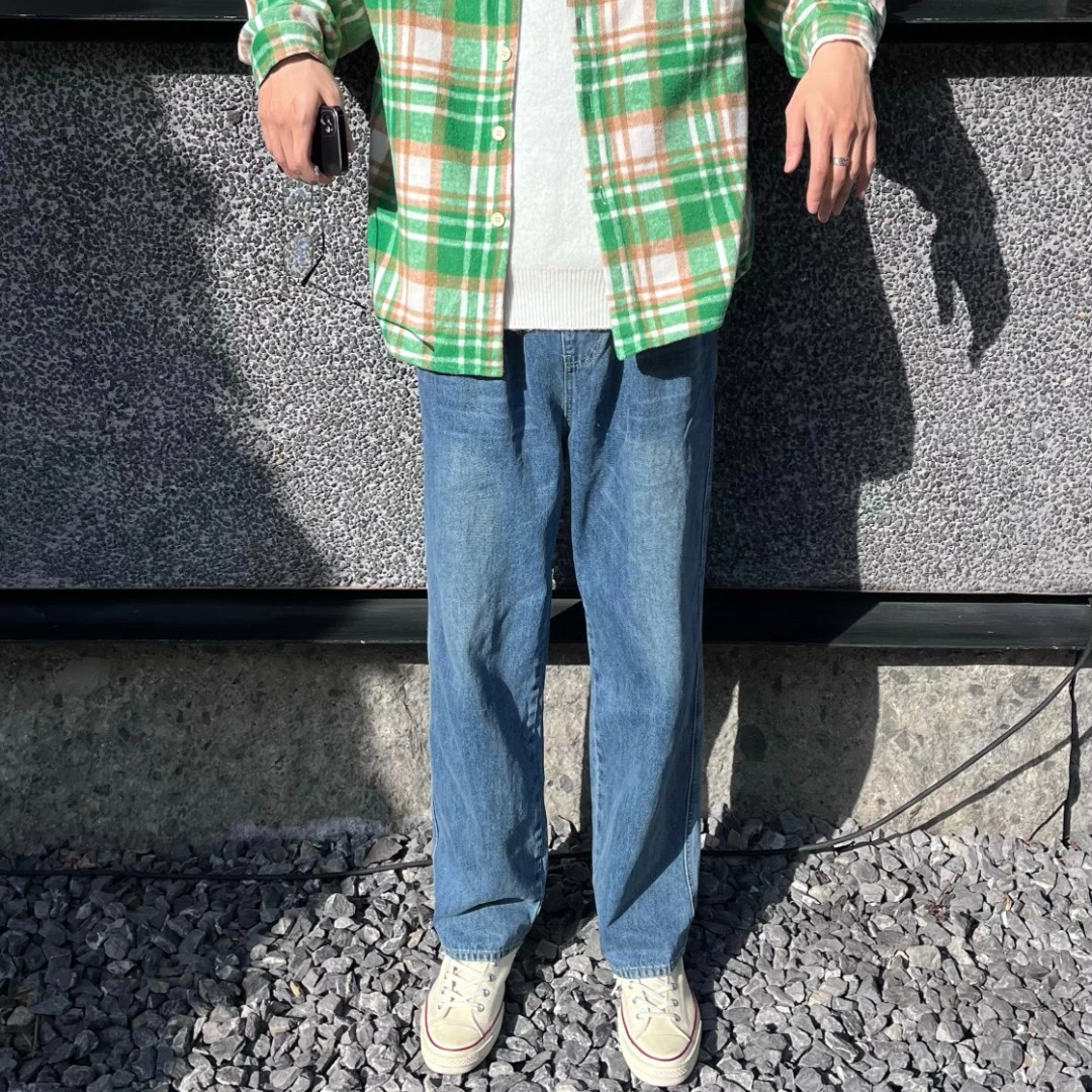 【清仓】四季直筒宽松小字母刺绣松紧腰蓝色牛仔裤子男休闲牛仔裤