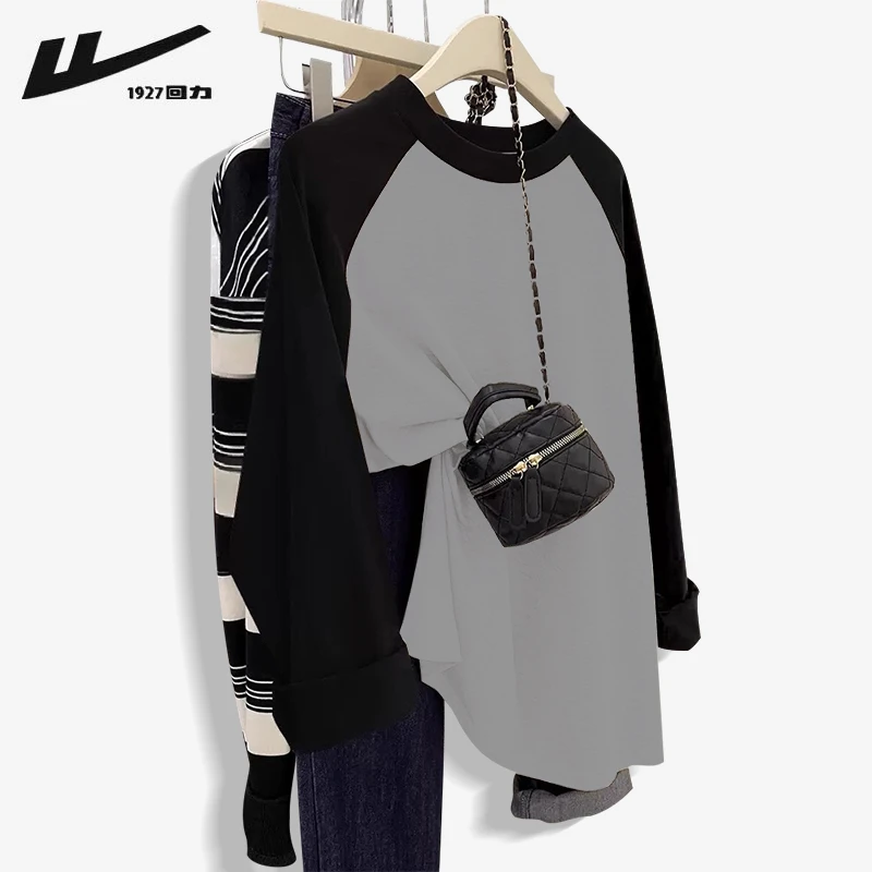 回力拼接插肩袖2024秋冬季美式纯棉圆领长袖T恤女打底衫体恤上衣