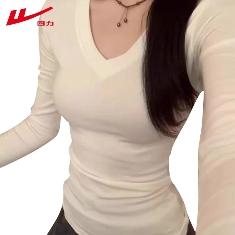回力韩版女装2025春秋冬修身长袖t恤白色纯棉打底衫磨毛V领中长款
