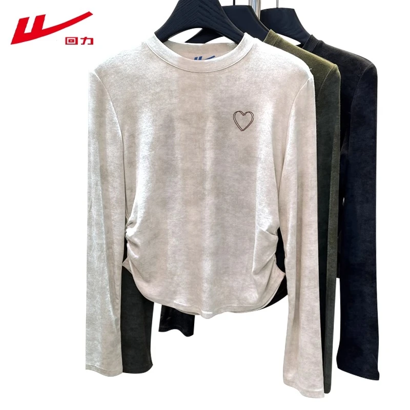 回力美式磨毛纯棉扎染白色长袖T恤女装2025春秋冬打底衫圆领短款