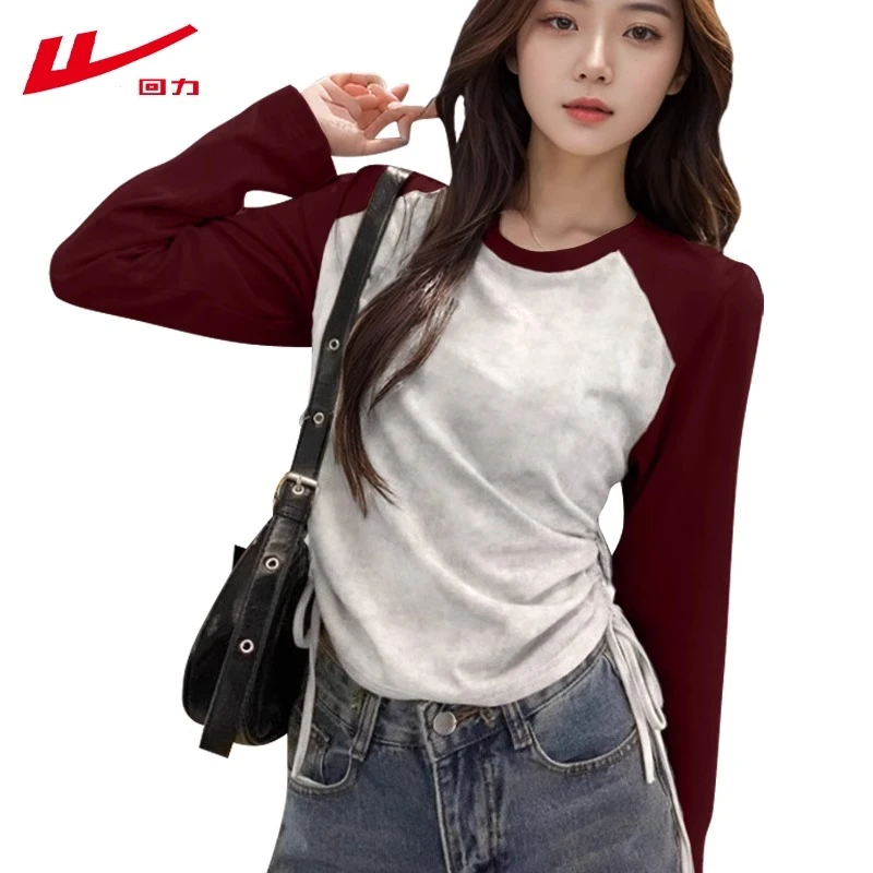 回力插肩红色圆领长袖T恤女2025扎染蛇年修身打底衫年服春秋冬季