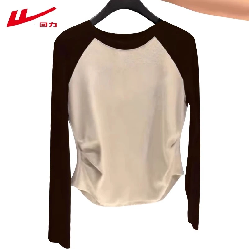 回力纯棉插肩圆领长袖T恤女春秋冬季磨毛修身短款打底衫2025新款