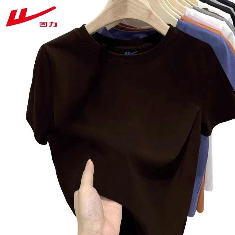 回力纯棉短袖t恤女2024春秋内搭磨毛加厚打底衫上衣纯色百搭体恤