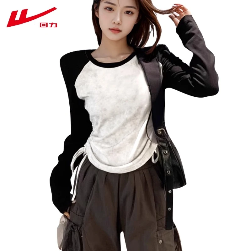 回力春秋冬季插肩扎染长袖T恤女2025磨毛纯棉圆领修身短款打底衫