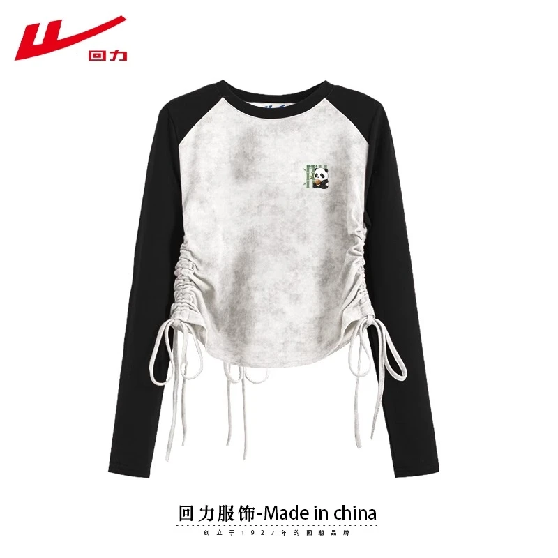 回力春秋冬长袖扎染抽绳纯棉磨毛T恤女潮牌打底衫插肩短款上衣ins