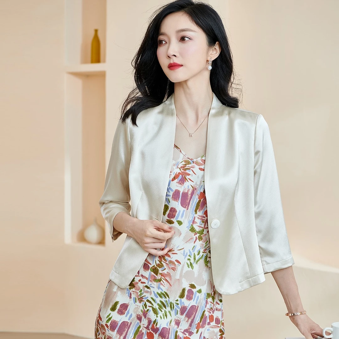 皖儿夏季新款气质杏色职业修身显瘦上衣醋酸短款外套5W23BW0887