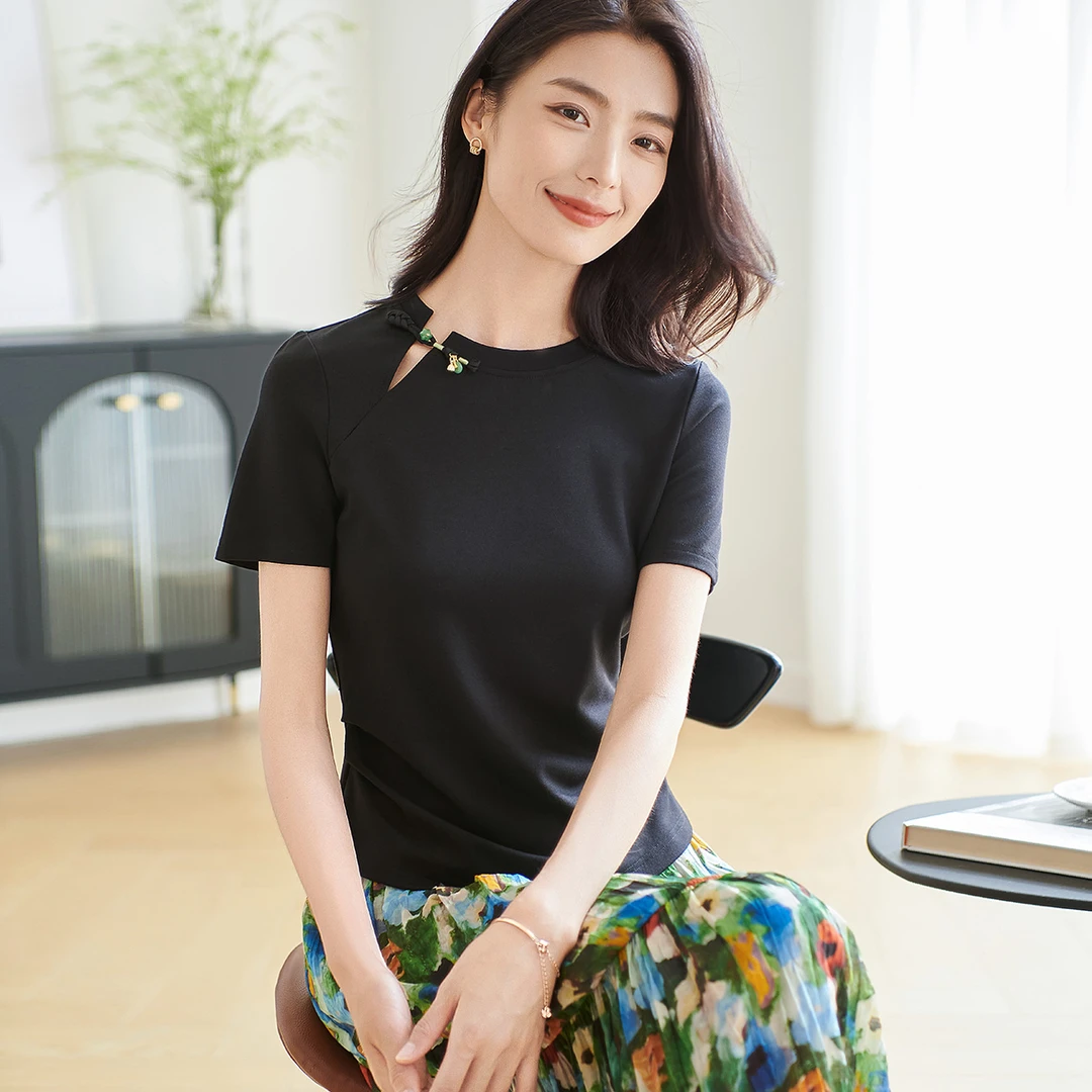 皖儿新中式简约百搭T恤时尚修身盘扣设计感上衣女5P24BT2225