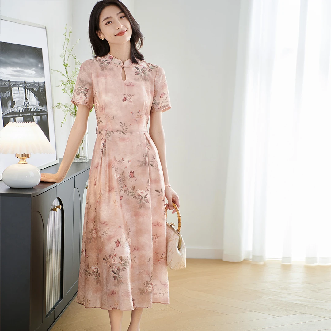 皖儿新中式国风印花女装夏季收腰改良气质高端裙子5Y24BL2266