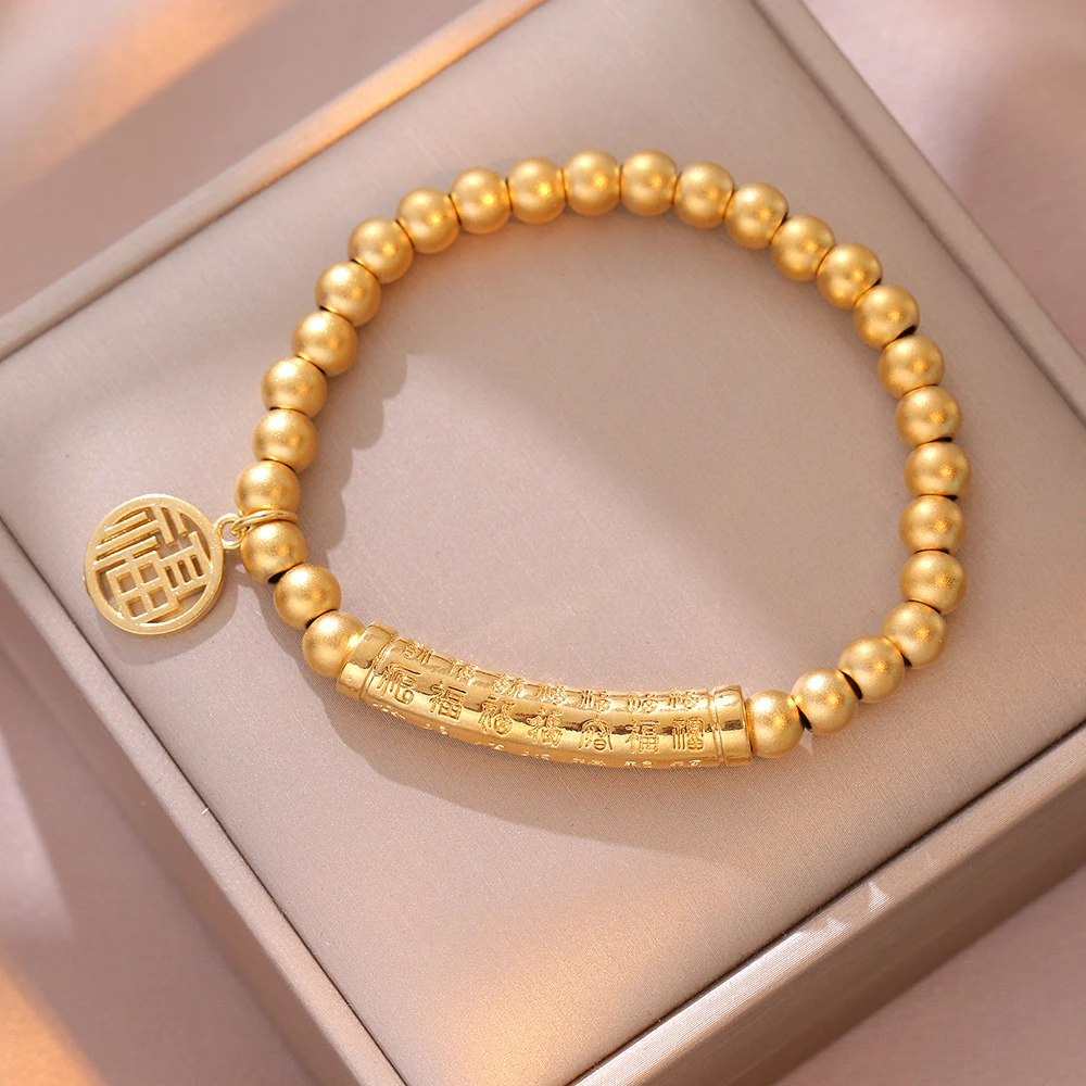 铜合金手链 古法弯管宫廷风镂空花丝珠手串圆珠手链时尚复古气质