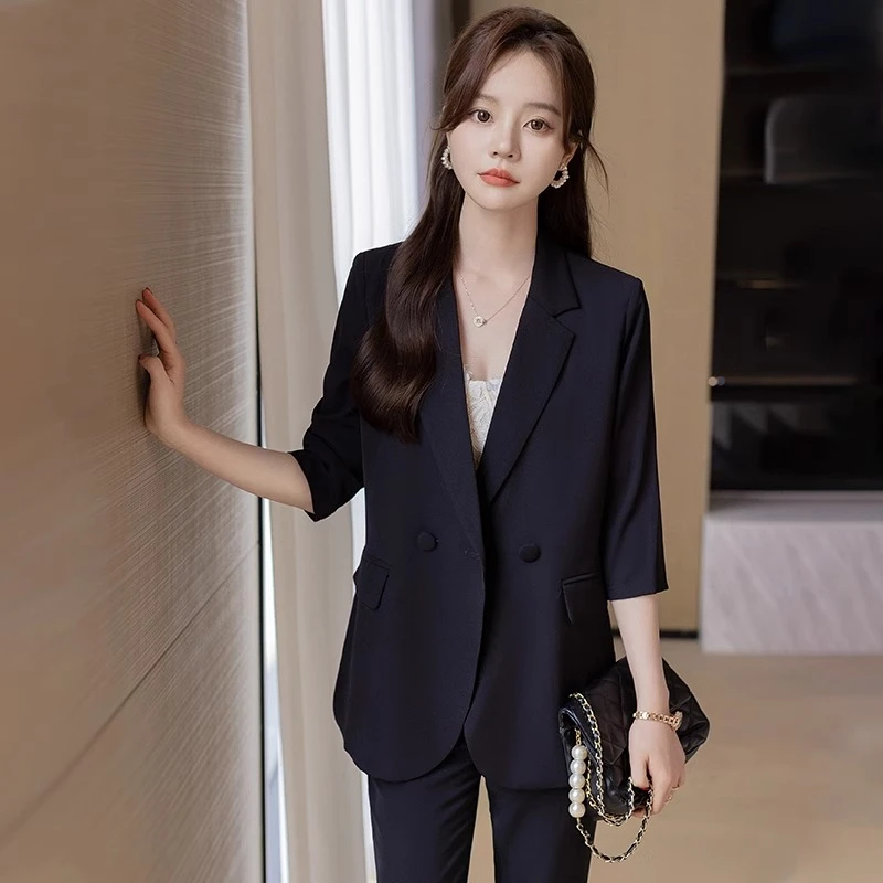 黑色小西装外套女夏季薄款休闲小个子韩版职业装七分袖西服外套