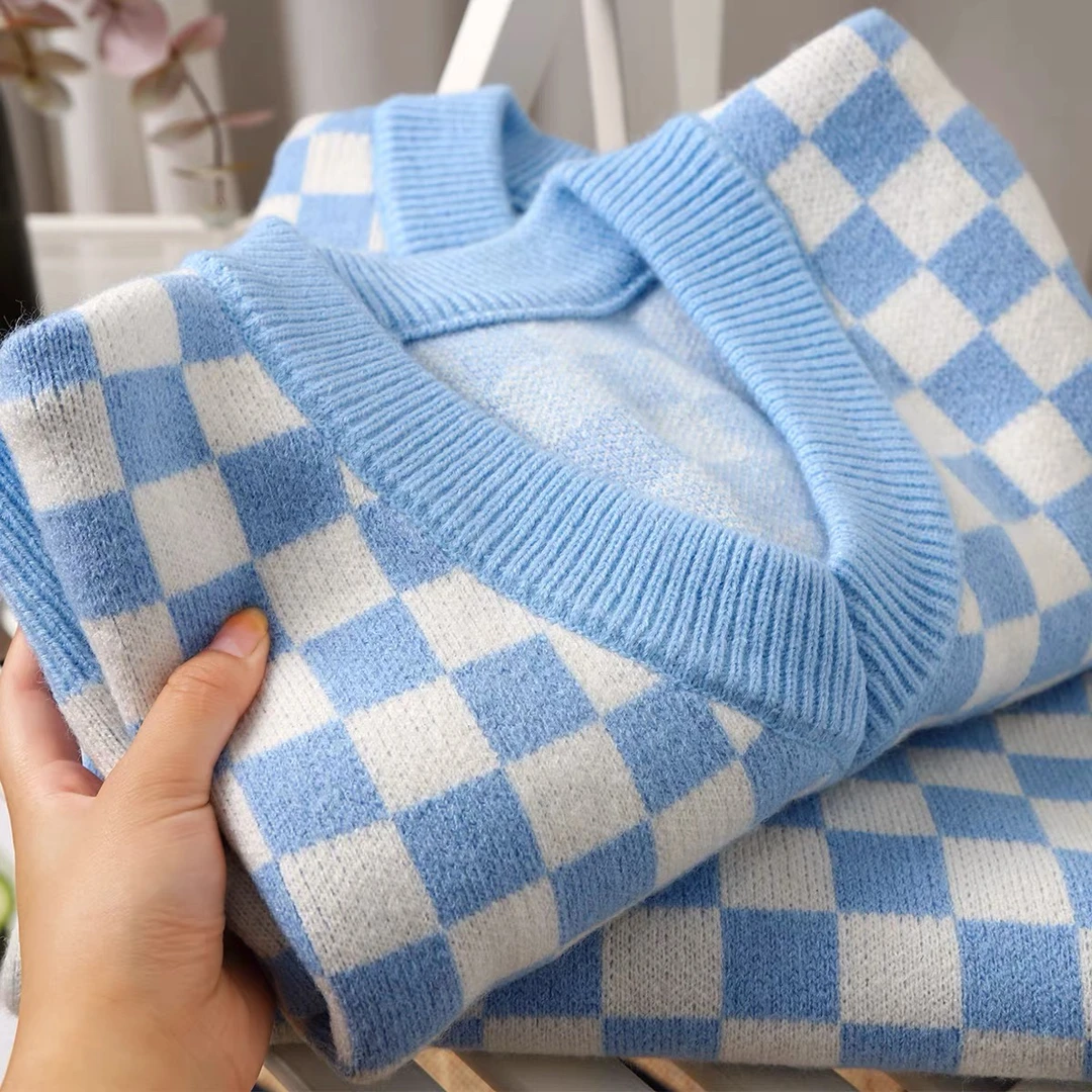 棋盘格子V领针织毛衣马甲女宽松秋冬新款叠穿背心坎肩马夹