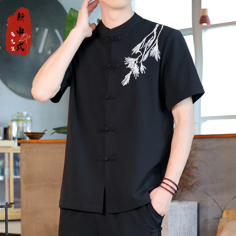 新中式男装 中国风唐装 男士开衫盘扣刺绣唐装 夏季小立领禅茶服