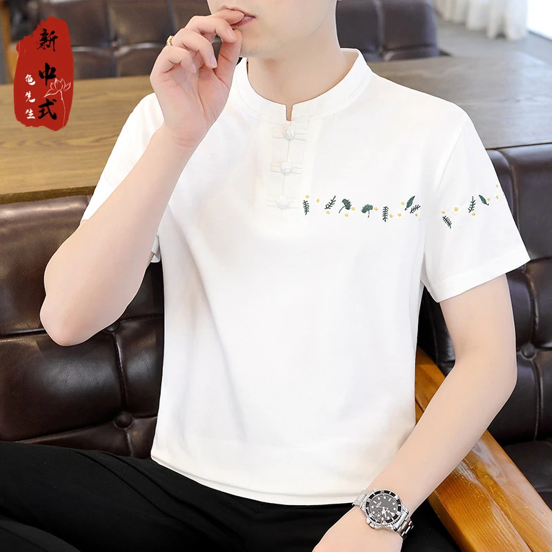 新中式男装 夏季新品男士圆领短袖T恤 盘口立领中国风印花上衣