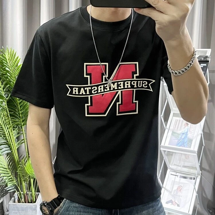 N字短袖t恤男潮流修身青年休闲流行百搭半袖圆领潮字母男士运动
