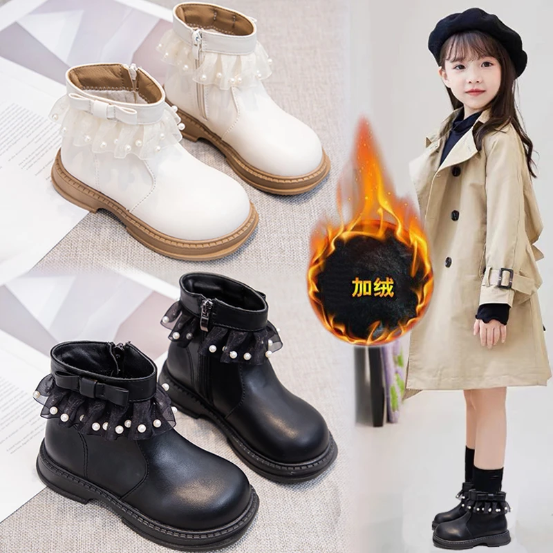 儿童洋气皮靴冬保暖棉靴女童蕾丝公主短靴中大童加绒马丁靴VN816