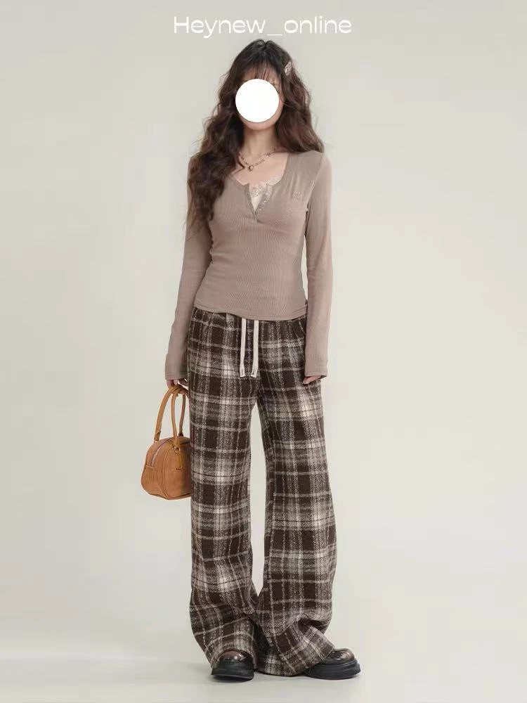 毛呢格子裤 复古撞色