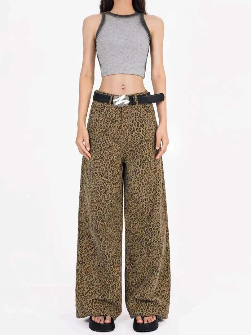 撞上豹纹  牛仔阔腿裤