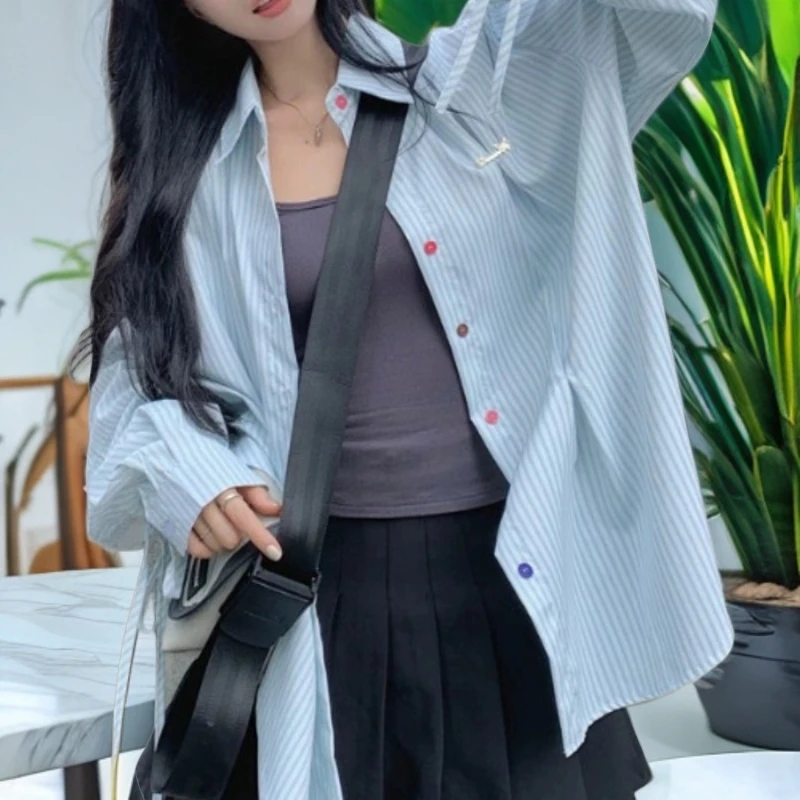 设计感小众别致系带彩色纽扣条纹衬衫女春季长袖上衣春夏显瘦衬衣