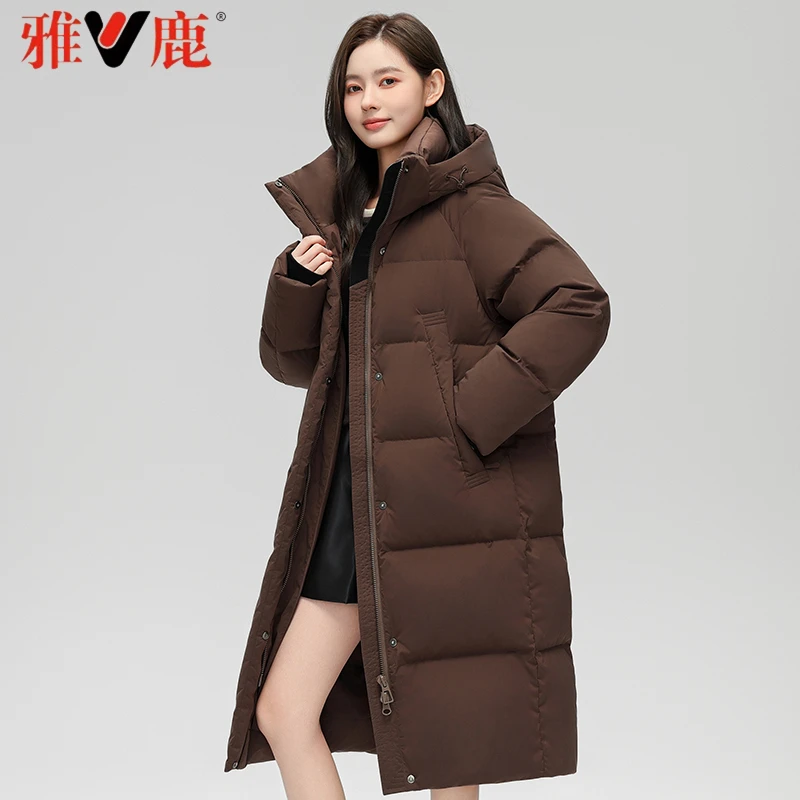 雅鹿中长款羽绒服女2024冬季新款加厚保暖简约时尚连帽鸭绒外套
