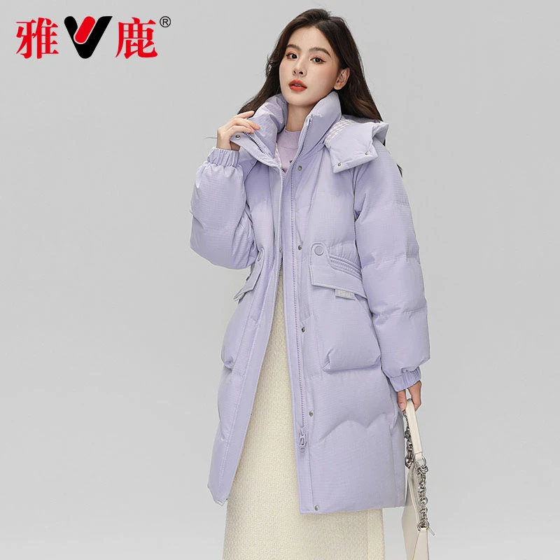 雅鹿2024年新款羽绒服女中长款时尚格纹撞色拼接冬季加厚保暖外套