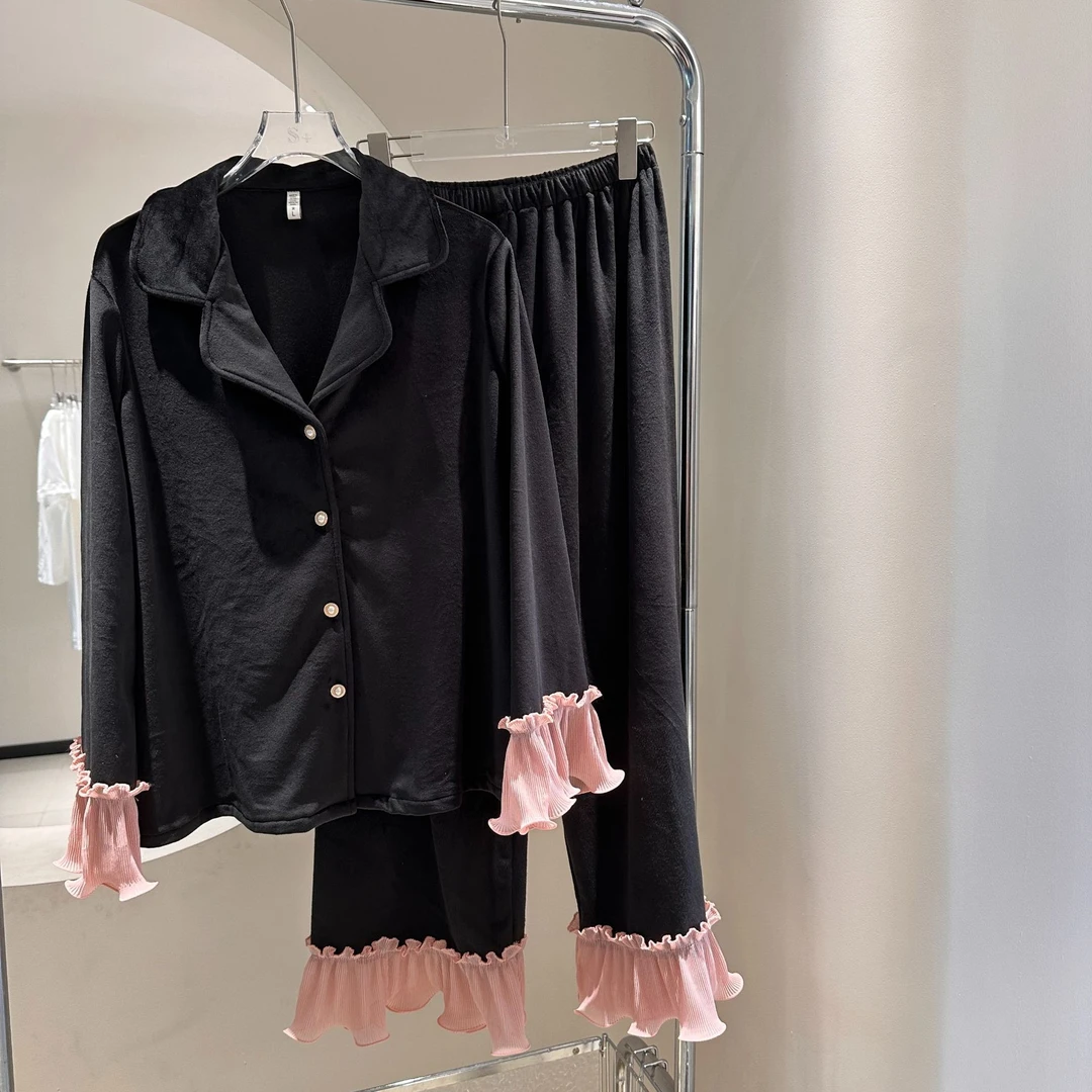 法式睡衣女秋冬新款海岛绒荷叶边轻奢氛围感喇叭袖宫廷风家居服女