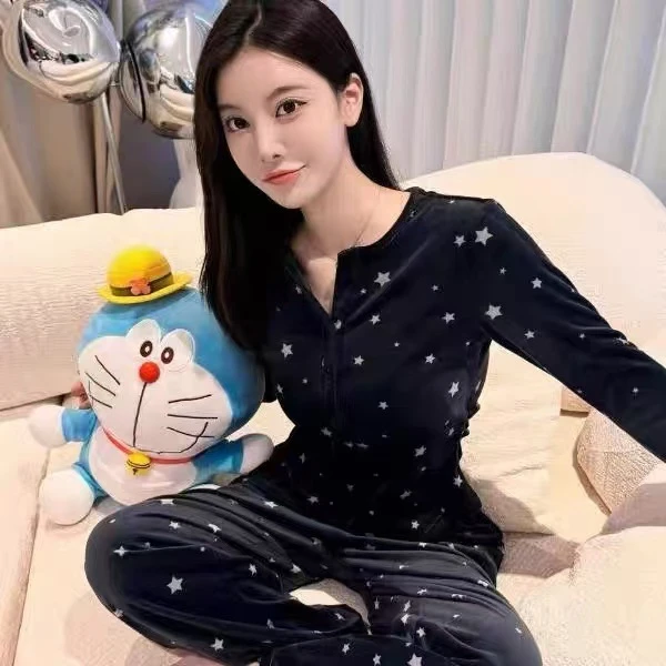 新款高级感星星海岛绒睡衣女款秋冬季保暖家居服长袖长裤外穿套装