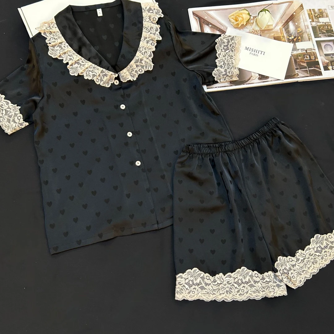 爆款冰丝睡衣女蕾丝黑色爱心睡衣短袖短裤套装可外穿家居服