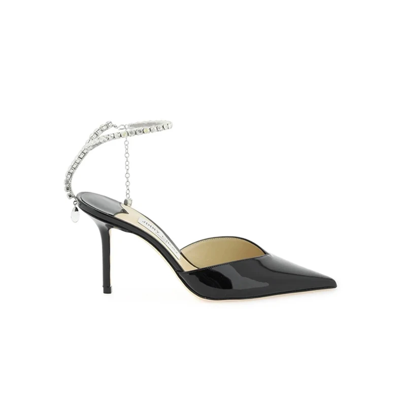 JIMMY CHOO 周仰杰 女款SAEDA系列水晶装饰漆皮尖头高跟鞋 黑色