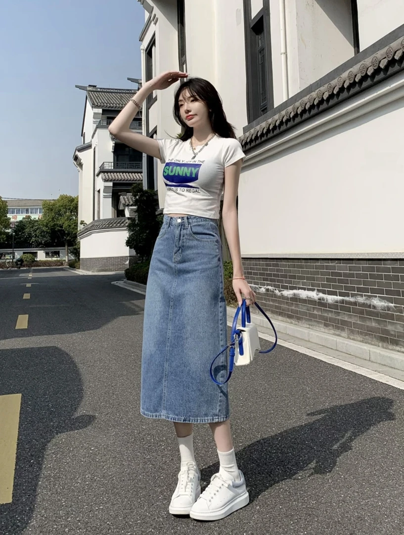 2025夏季高腰牛仔半身裙女复古宽松百褶裙a字中长款半裙