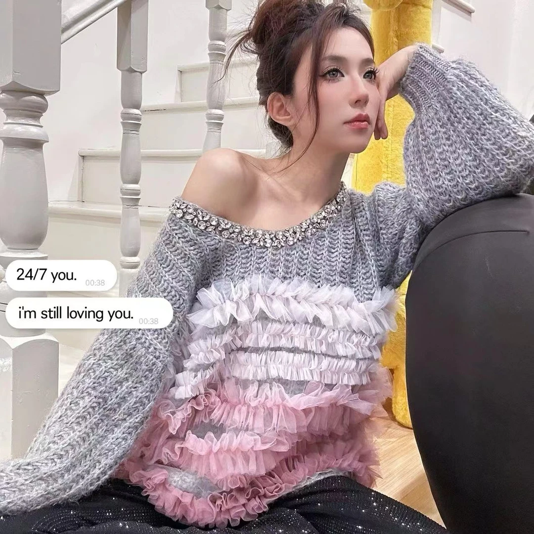 陈腰精CC设计师款重工针织拼接蕾丝大版毛衣名媛风轻奢高档百搭潮