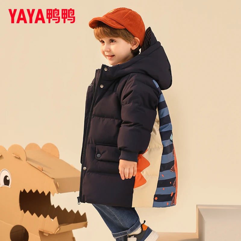 YAYA/鸭鸭儿童连帽羽绒服男恐龙卡通印花中长款冬季保暖外套小童
