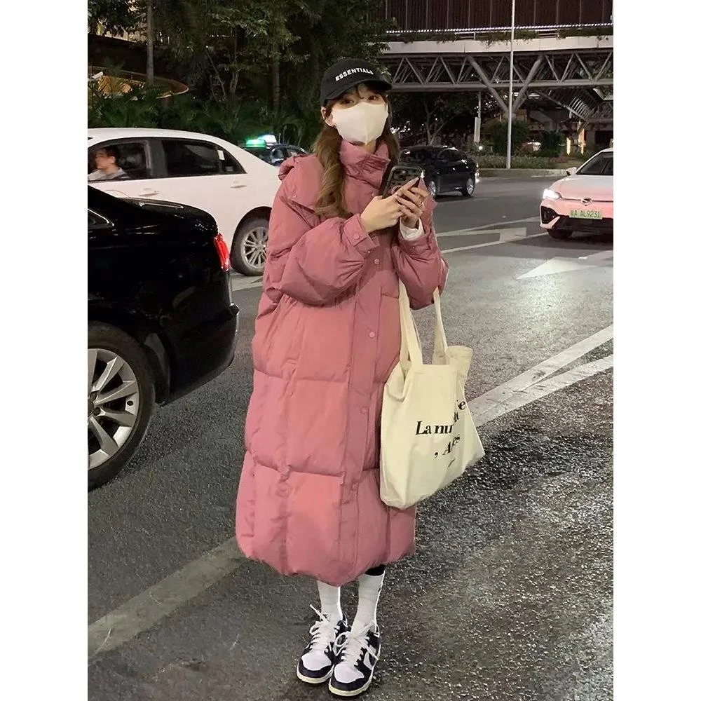 树莓粉泡芙长款羽绒服女宽松显瘦过膝款面包服oversize显瘦羽