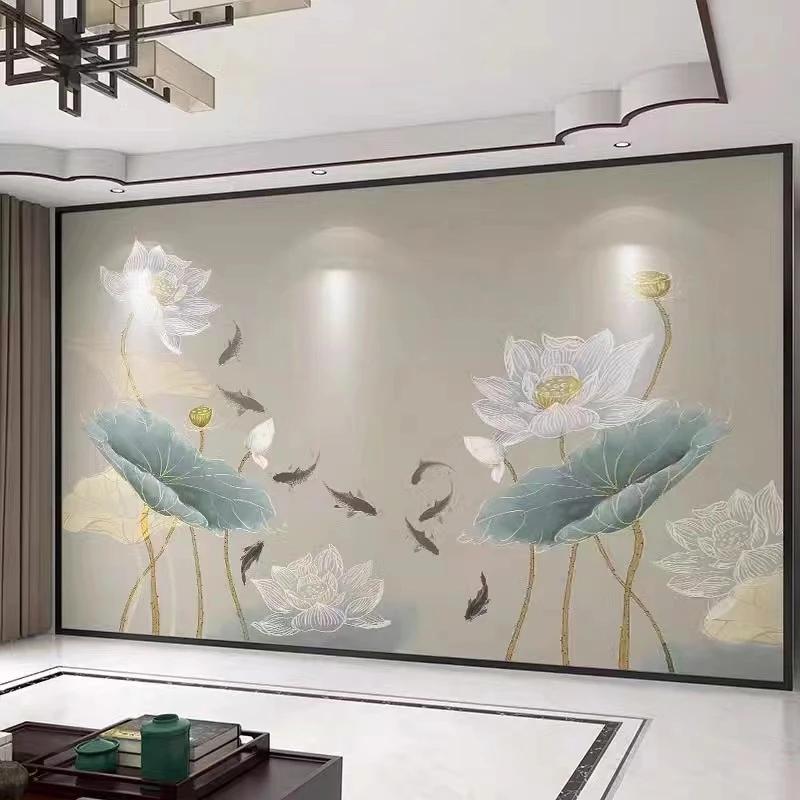 墙纸3d新中式禅意荷花电视背景墙壁纸客厅壁画沙发墙布影视墙壁布
