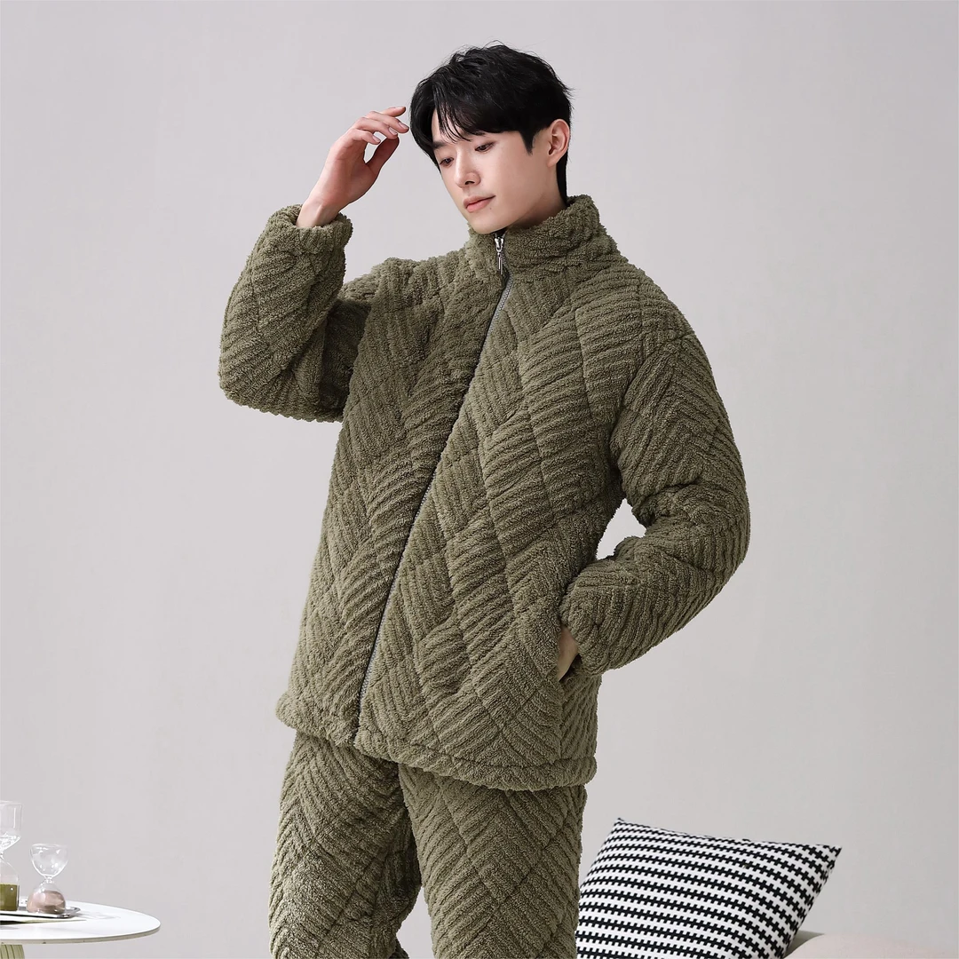 YIHAN-睡衣男款秋冬季加绒宽松三层夹棉保暖珊瑚绒男士家居服套装