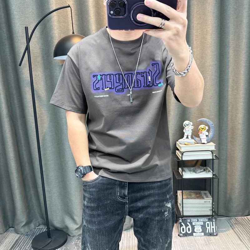 字母印花短袖t恤衫男士2025夏季新款高端圆领半袖休闲男装上衣潮