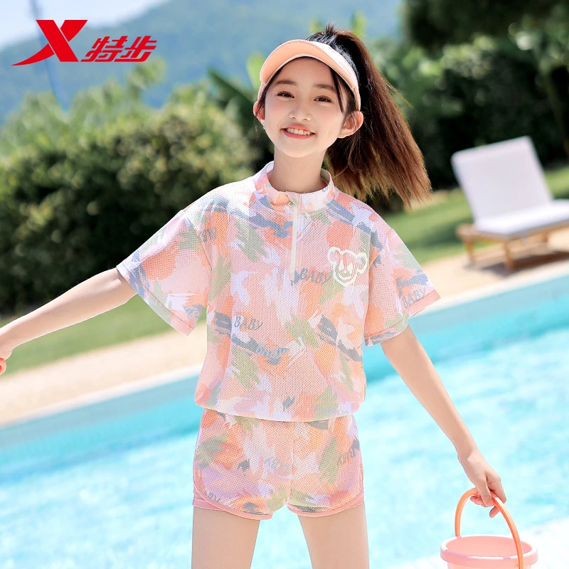 特步儿童泳衣女童夏季速干泳装中大童保守女孩时尚遮肚运动游泳衣