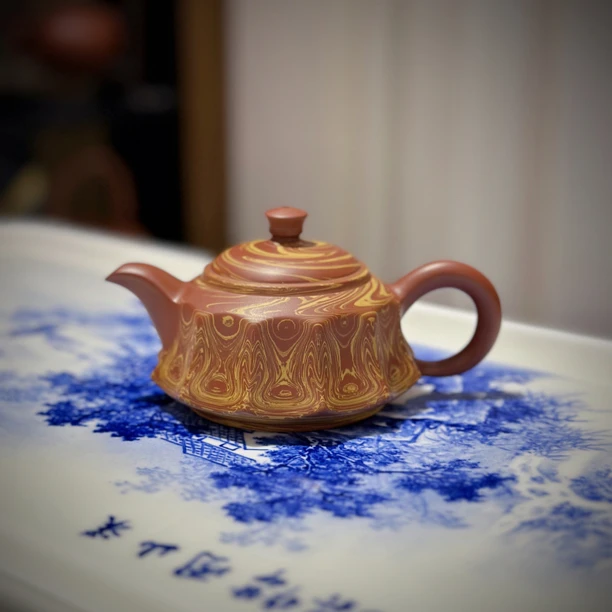 章炜勤方圆壶115cc潮州手拉朱泥壶全手工绞泥切面章氏河记茶壶
