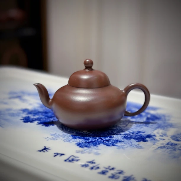 吴义永黑金刚矮梨壶140cc潮州手拉朱泥壶全手工紫泥谢华大弟子