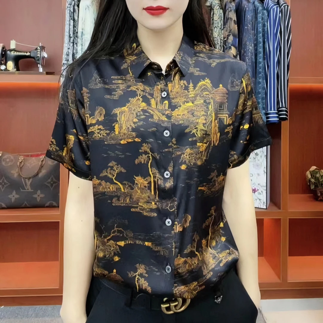 HFJQ桑蚕丝新款夏季男士轻奢高端短袖衬衫面丝滑半袖衬衣（66883）