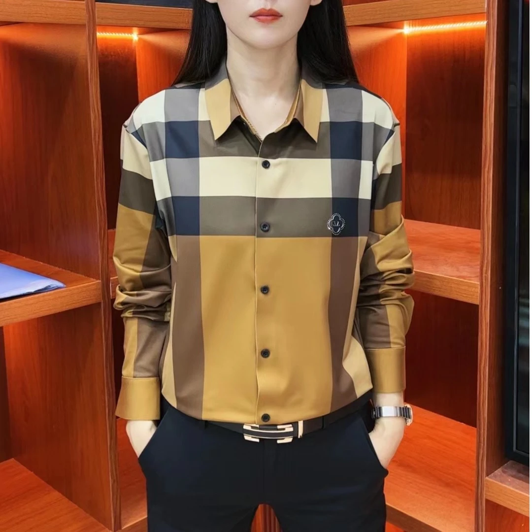 新款男士格纹显瘦经典轻奢时尚百搭休闲气质长袖修身网红99926